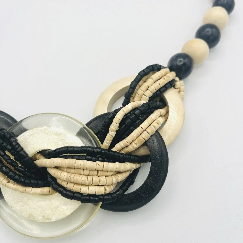 Vintage Y2K Earthy Statement‎ Necklace Chunky Tribal Black Ivory Disk Beaded 29